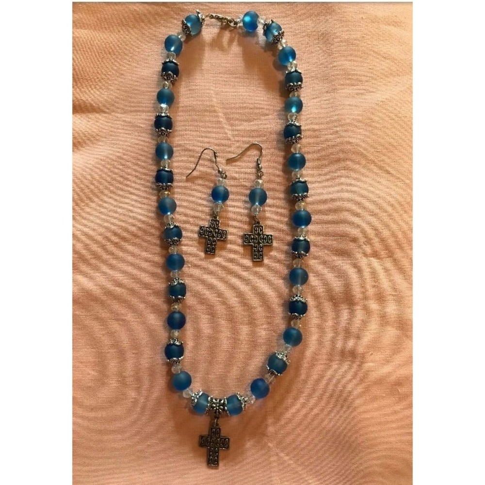 Handcrafted Blue and Crystal Beaded Necklace and Earrings